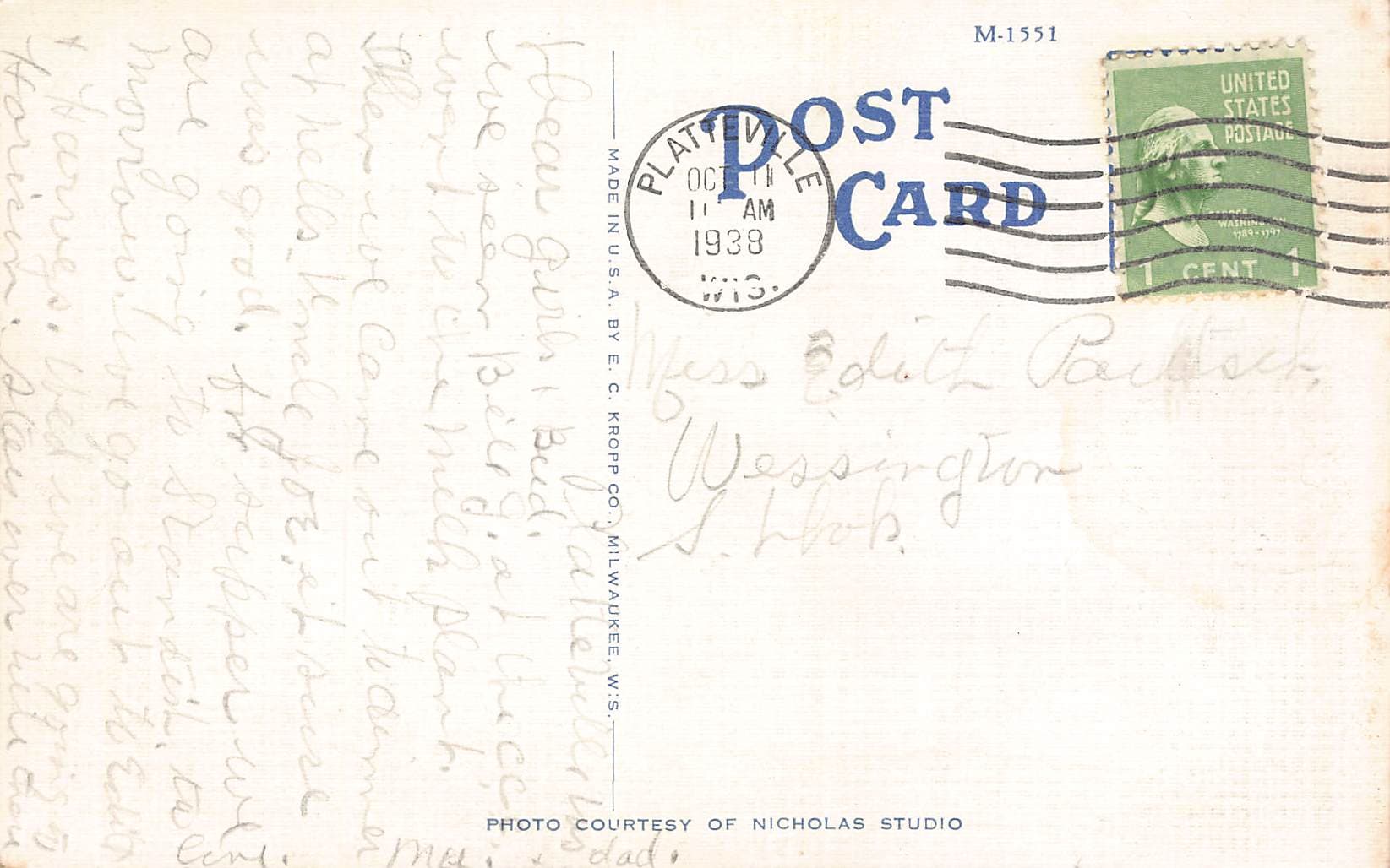 E.C. Kropp Co. Linen Postcard, High School, Platteville, WI, 1938 - Back