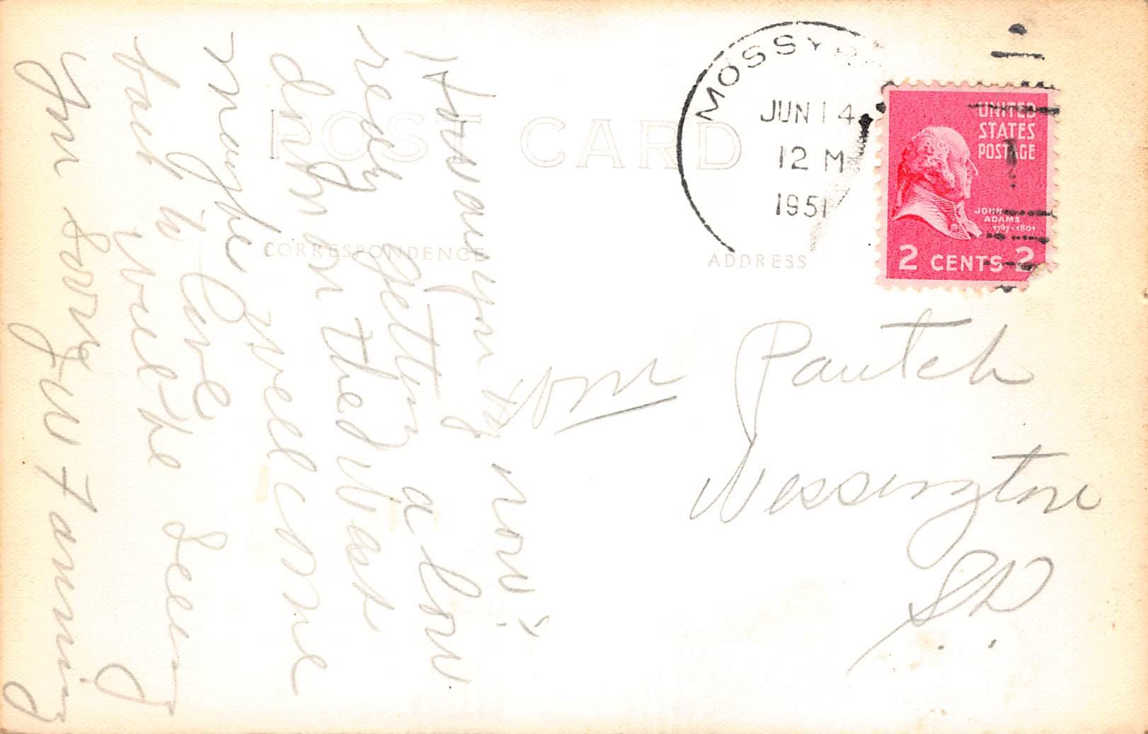 Ellis RPPC, Mt. Adams from Sheep Lake, Washington, 1954 Postmark - Back