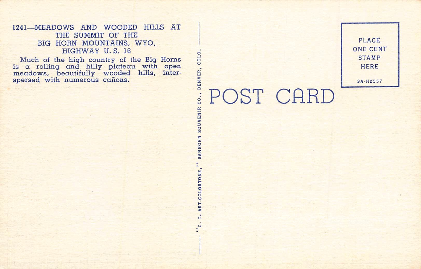 Sanborn Souvenir Co., Linen Postcard, Big Horn Mountains, WY, 1930s - Back