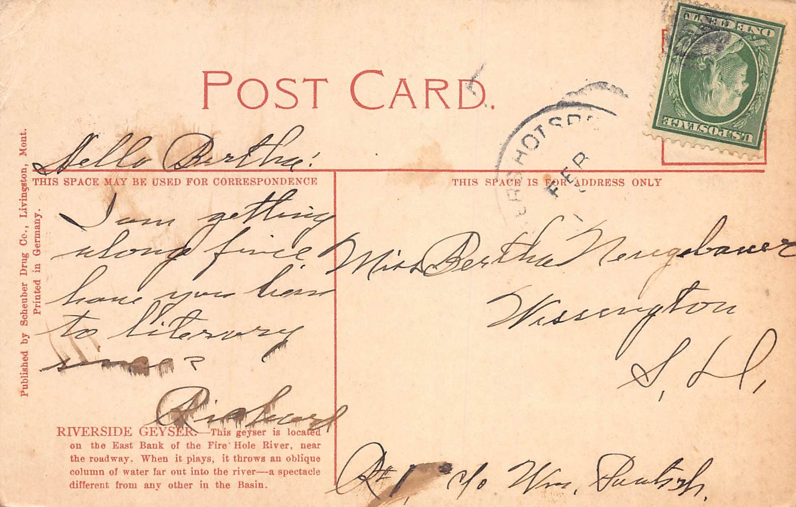 Scheuber Drug Co. Divided Back Postcard, Riverside Geyser, Yellowstone, 1908 - Back