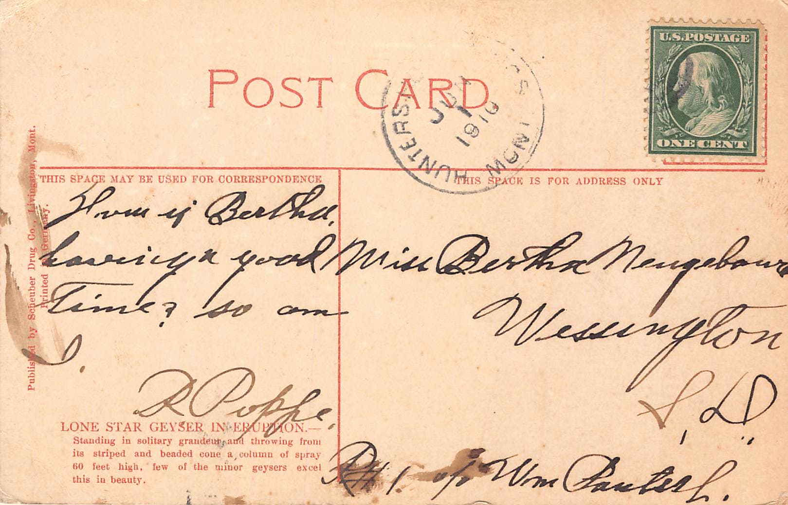 Stiegler Drug Co. Linen Postcard, Lone Star Geyser, Yellowstone, 1910 - Back