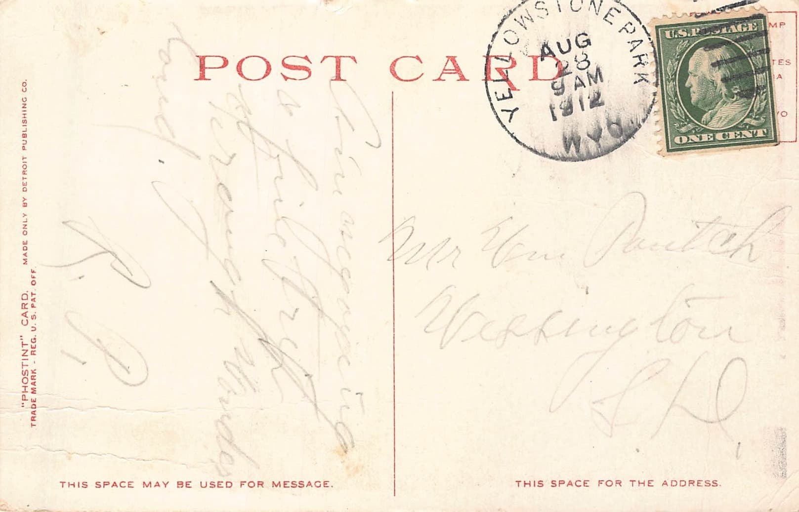 Detroit Publishing Co. Divided Back Postcard, Old Faithful Inn, Yellowstone, 1912 - Back