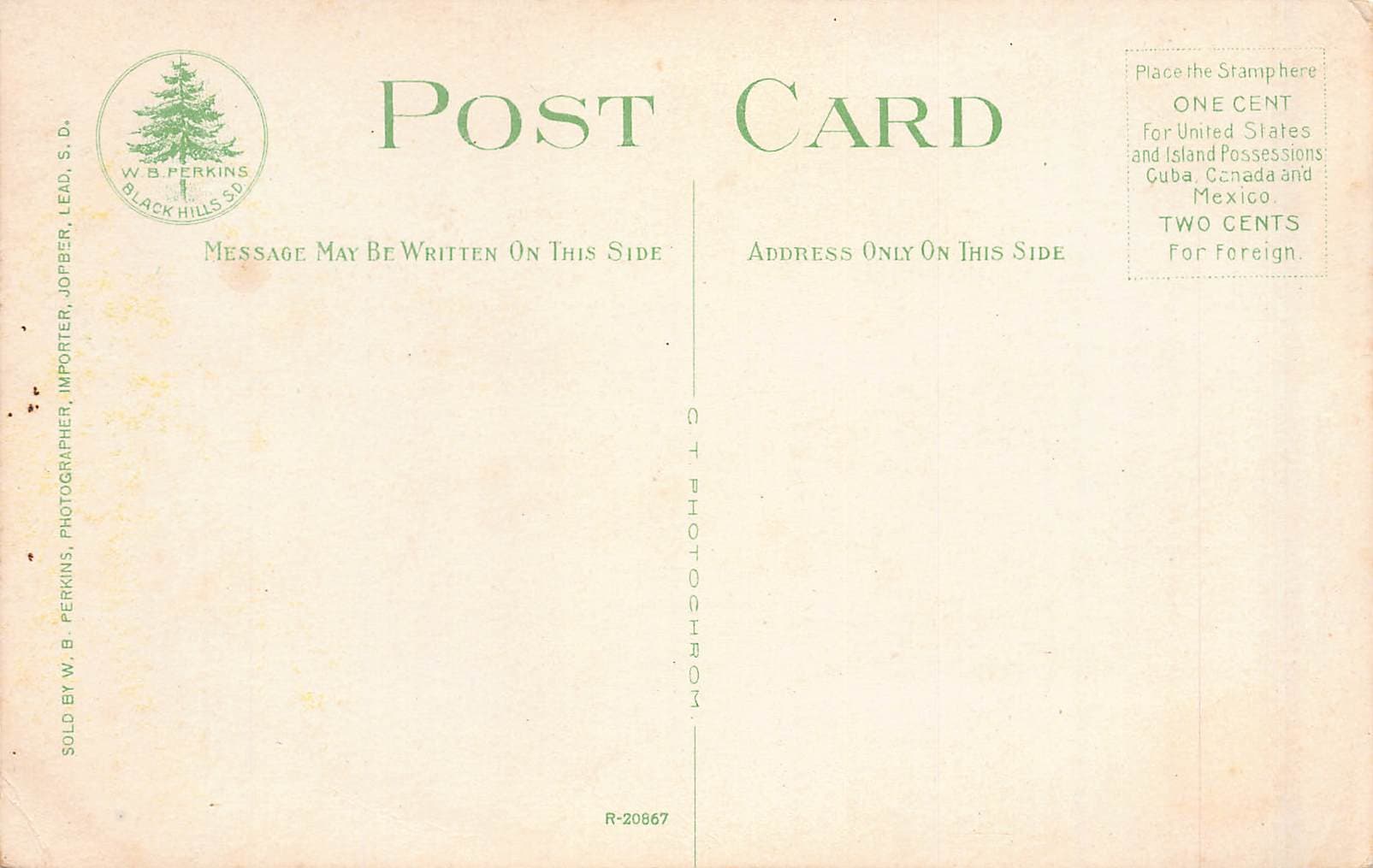 W.B. Perkins, Divided Back Postcard, Devils Tower, Wyoming, 1911 - Back