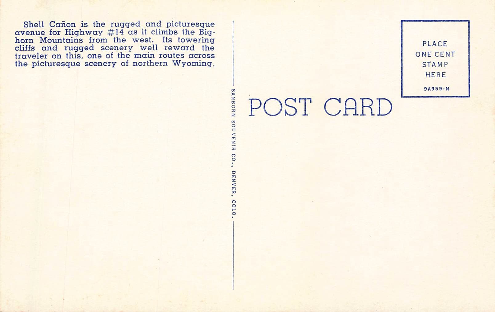 Sanborn Souvenir Co., Linen Postcard, Shell Cañon, Wyoming, 1930s - Back