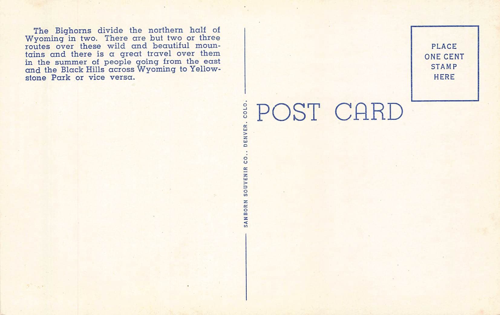 Sanborn Souvenir Co. Linen Postcard, Steamboat Rock, Wyoming, 1930s - Back