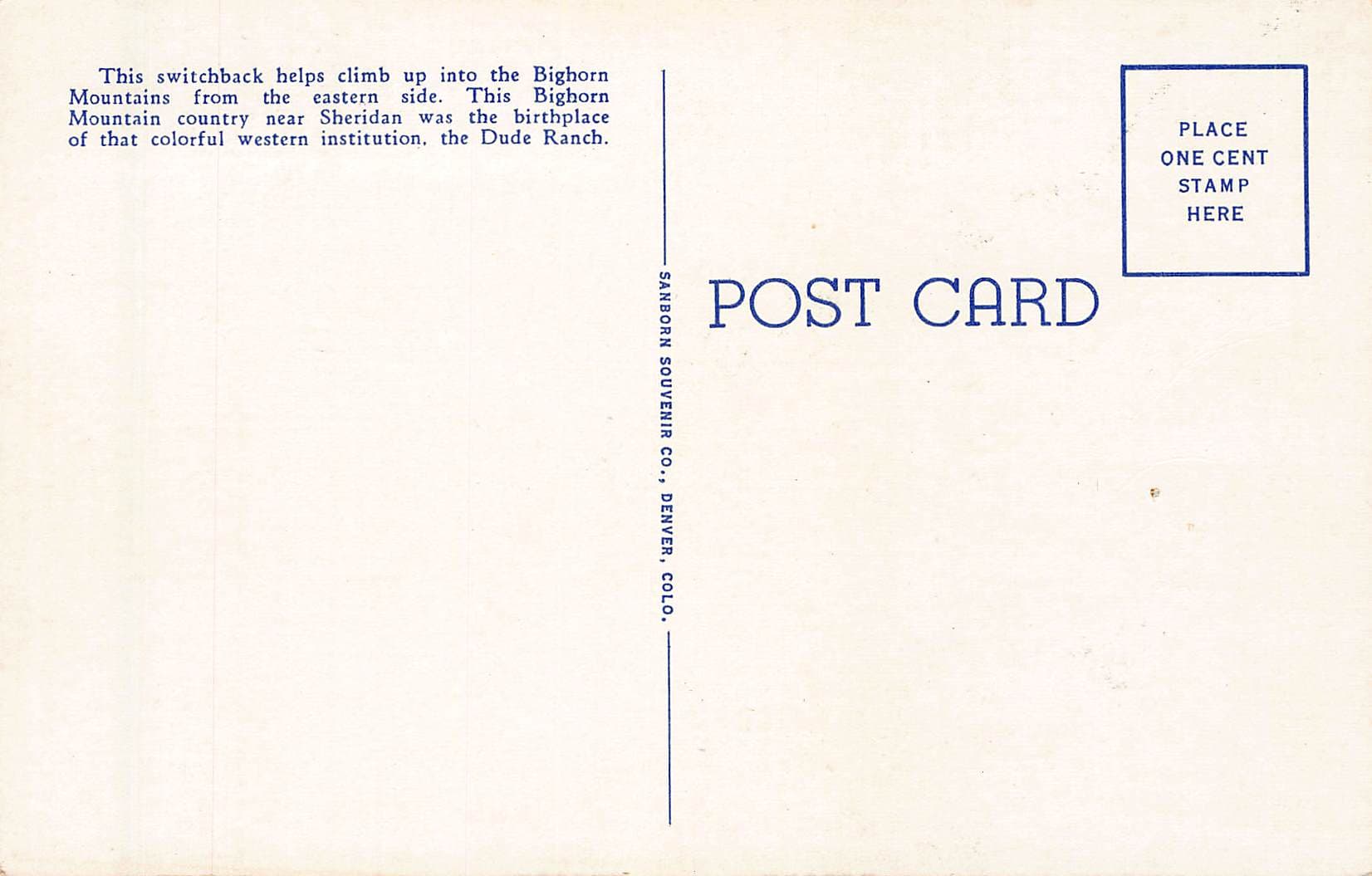 Sanborn Souvenir Co., Linen Postcard, Bighorn Mountains, Wyoming, 1930s - Back