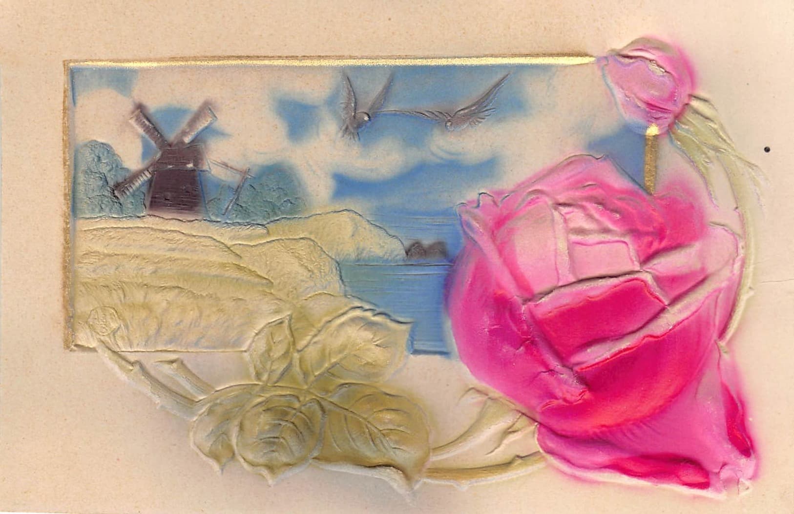 German Embossed Postcard, Windmill and Rose, Early 1900s