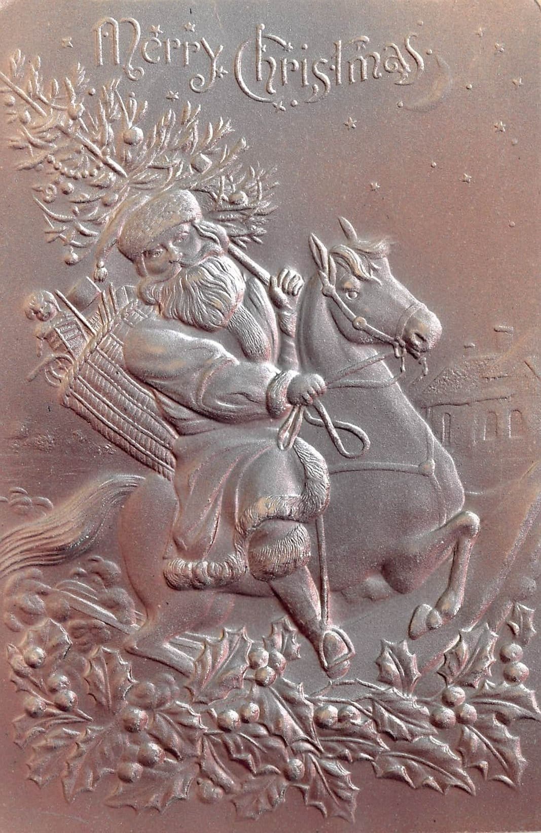 German Embossed Christmas Postcard, Santa on Horse, Early 1900s