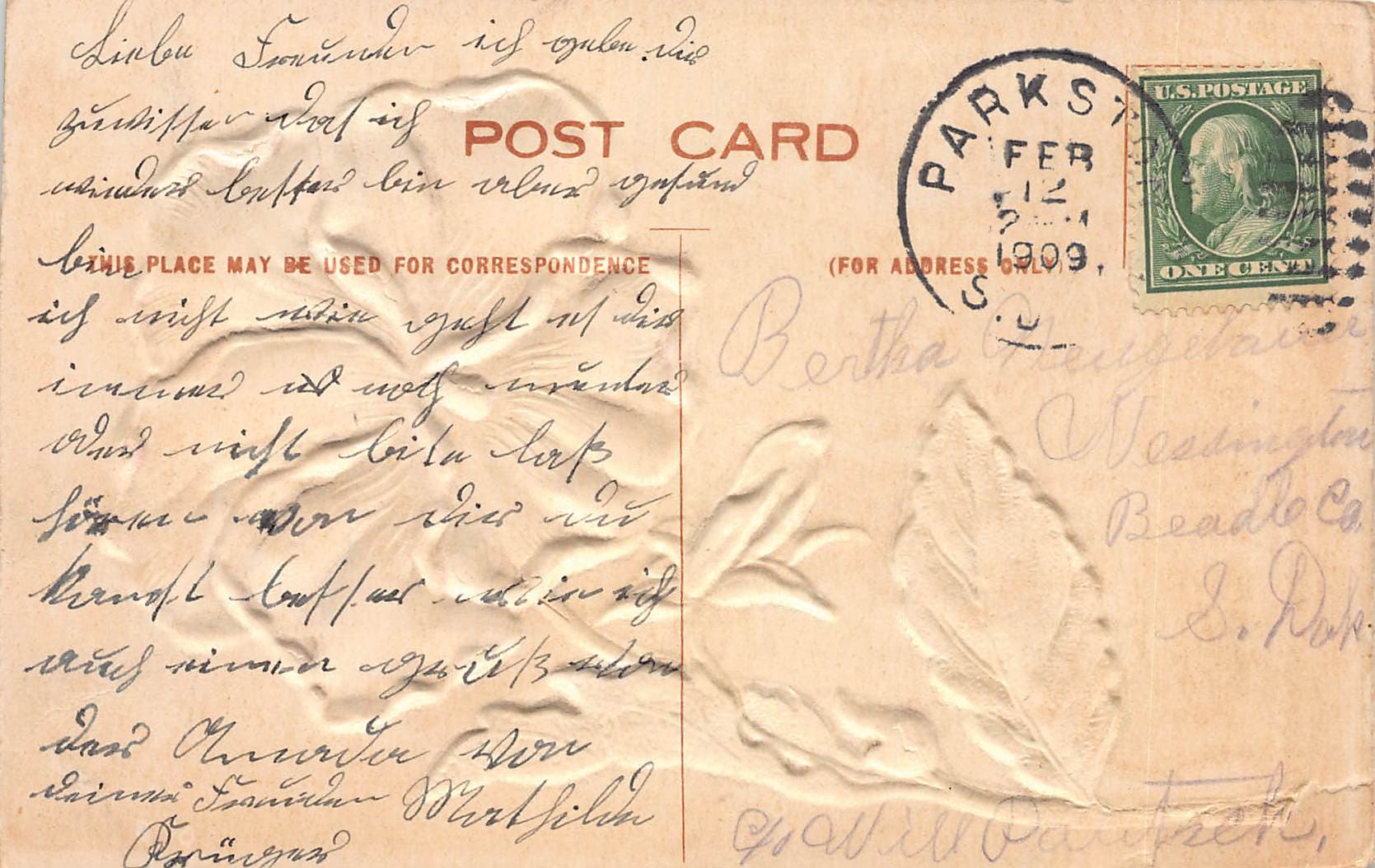 Embossed Birthday Greetings, Divided Back, 1909 Postmark, Parkston SD - Back
