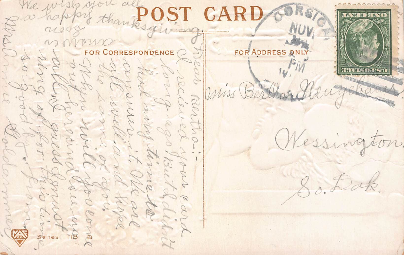 Stecher Litho Co. Thanksgiving Postcard, Corsica SD, 1910 Postmark - Back
