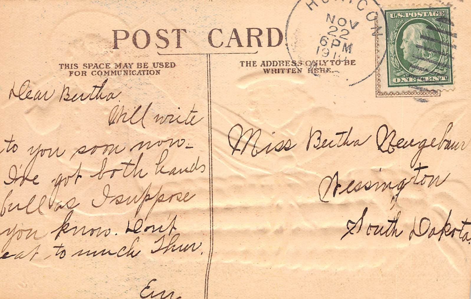 Thanksgiving Greetings Postcard, Divided Back, 1911, USA - Back