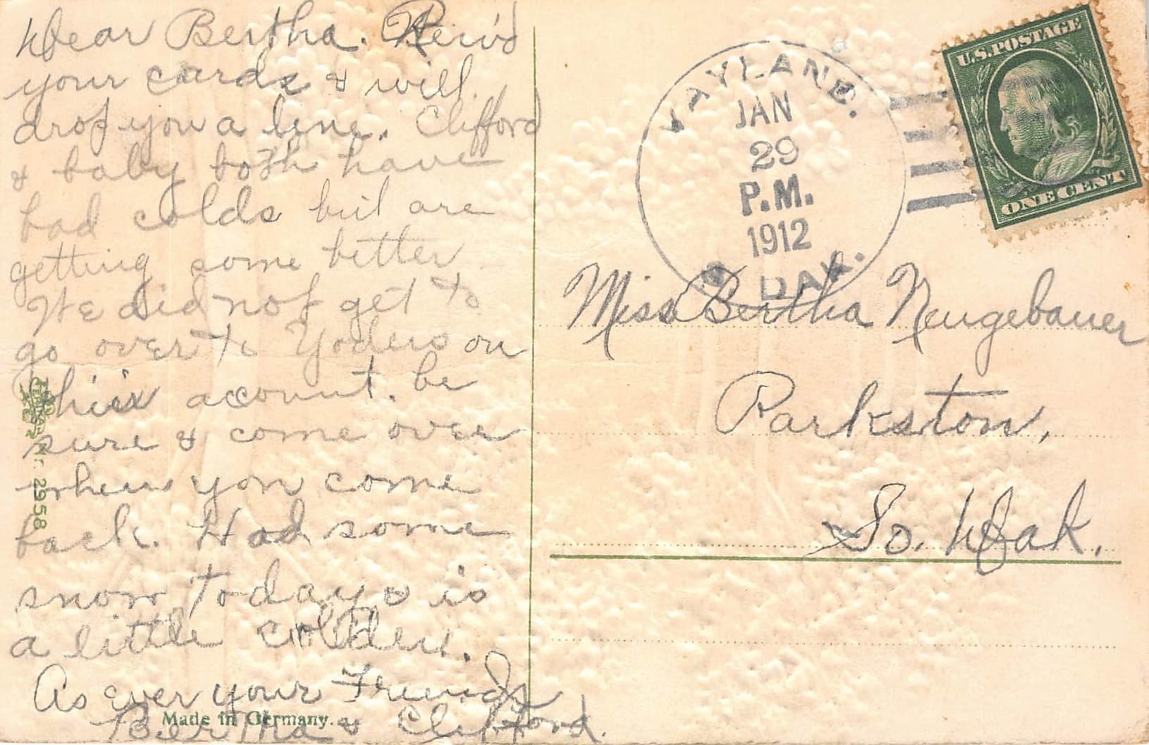 Made in Germany, Divided Back, Scenic Path, 1912 Postmark - Back