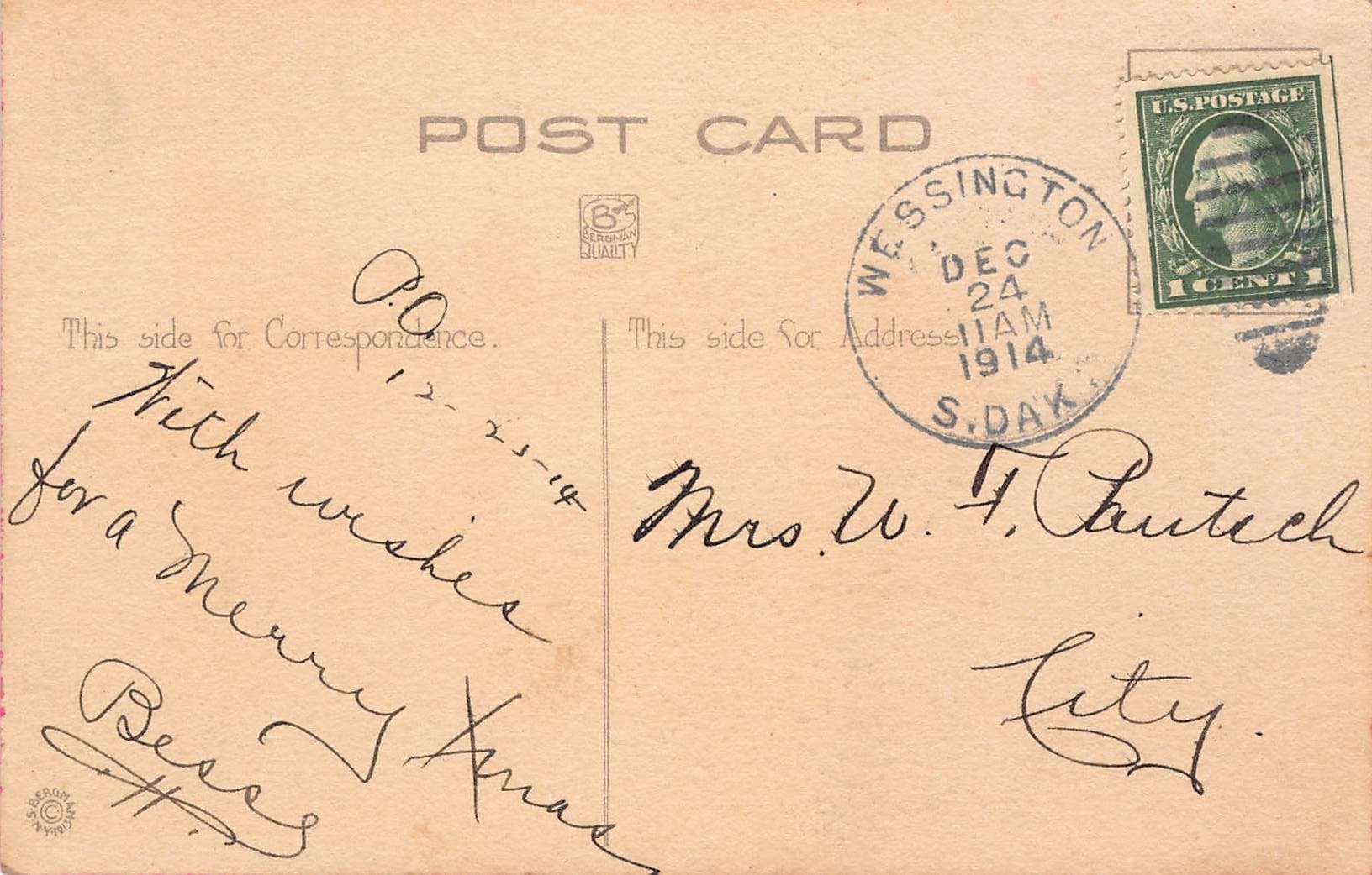 Bergman Quality, Divided Back Christmas Postcard, Wessington SD, 1914 - Back