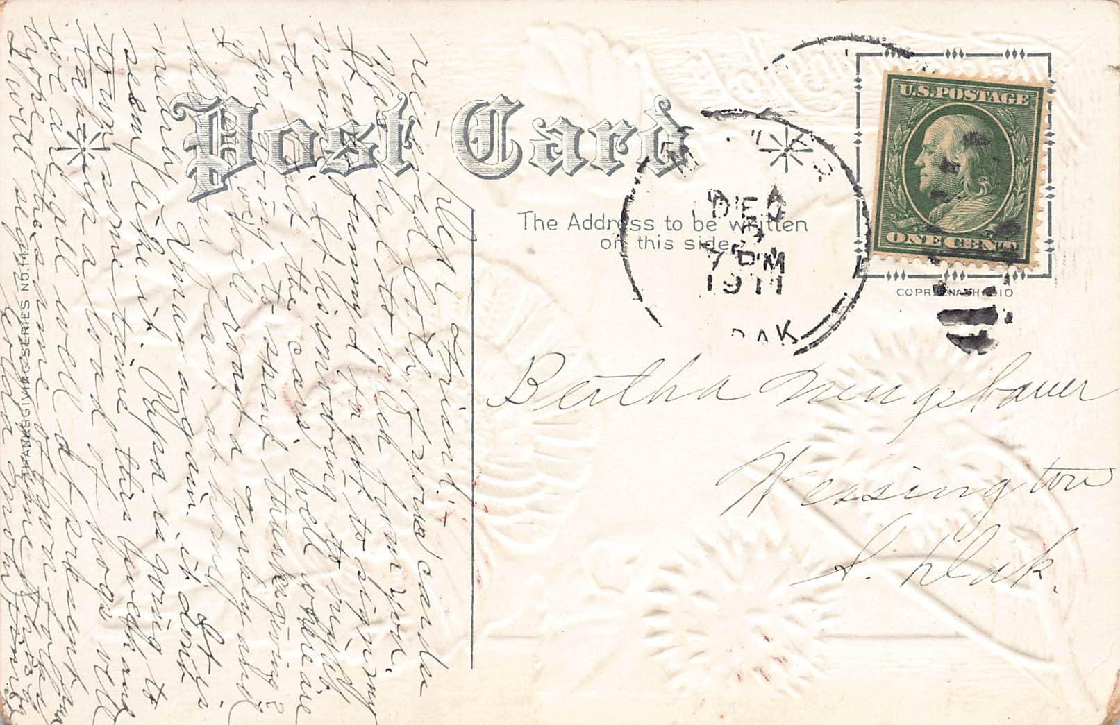 Thanksgiving Joys, Divided Back Postcard, 1911, Embossed Turkey Design - Back