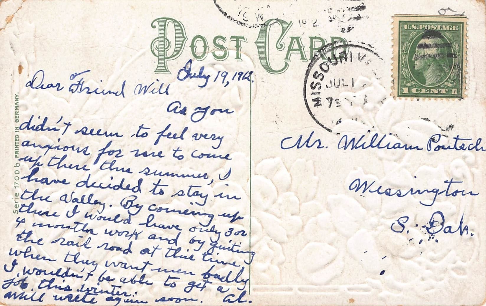 German Publisher, Embossed Linen Postcard, Parrot and Flowers, 1912 - Back