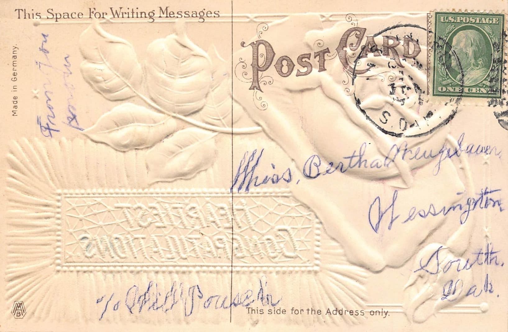 M.B. Postcard, Embossed Rose, South Dakota, 1910s - Back