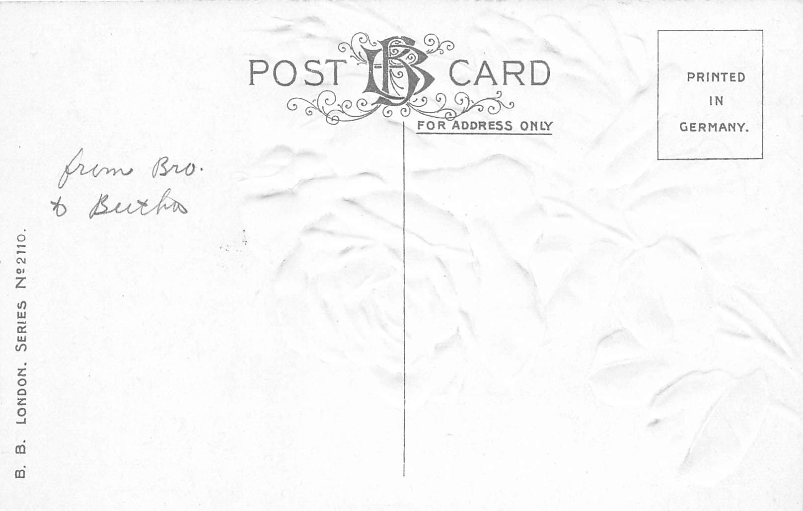 B.B. London Linen Postcard, Roses, Printed in Germany, Early 20th Century - Back