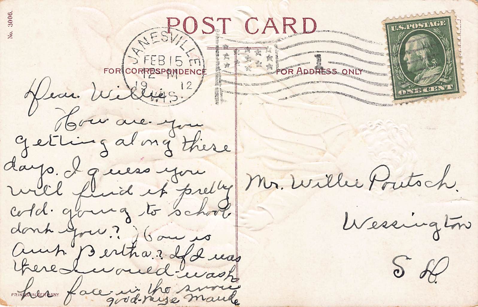 Valentine Postcard, Divided Back, Janesville WI, 1912 - Back