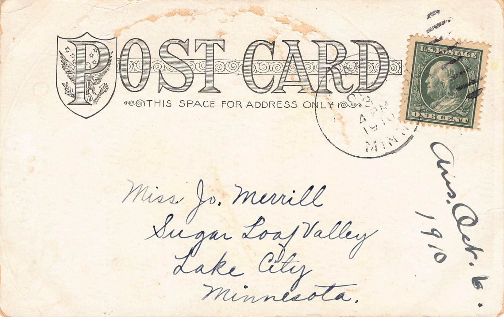 RPPC of Emery's Creek, Minnesota, 1910 Postmark - Back
