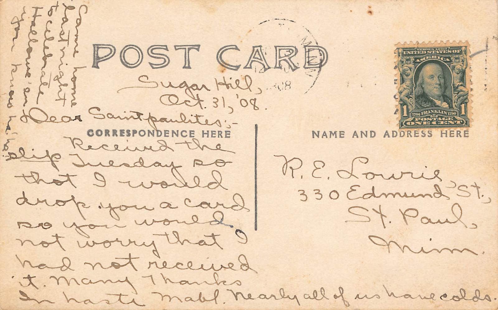 State Prison, Stillwater, Minn., Undivided Back, 1908 - Back