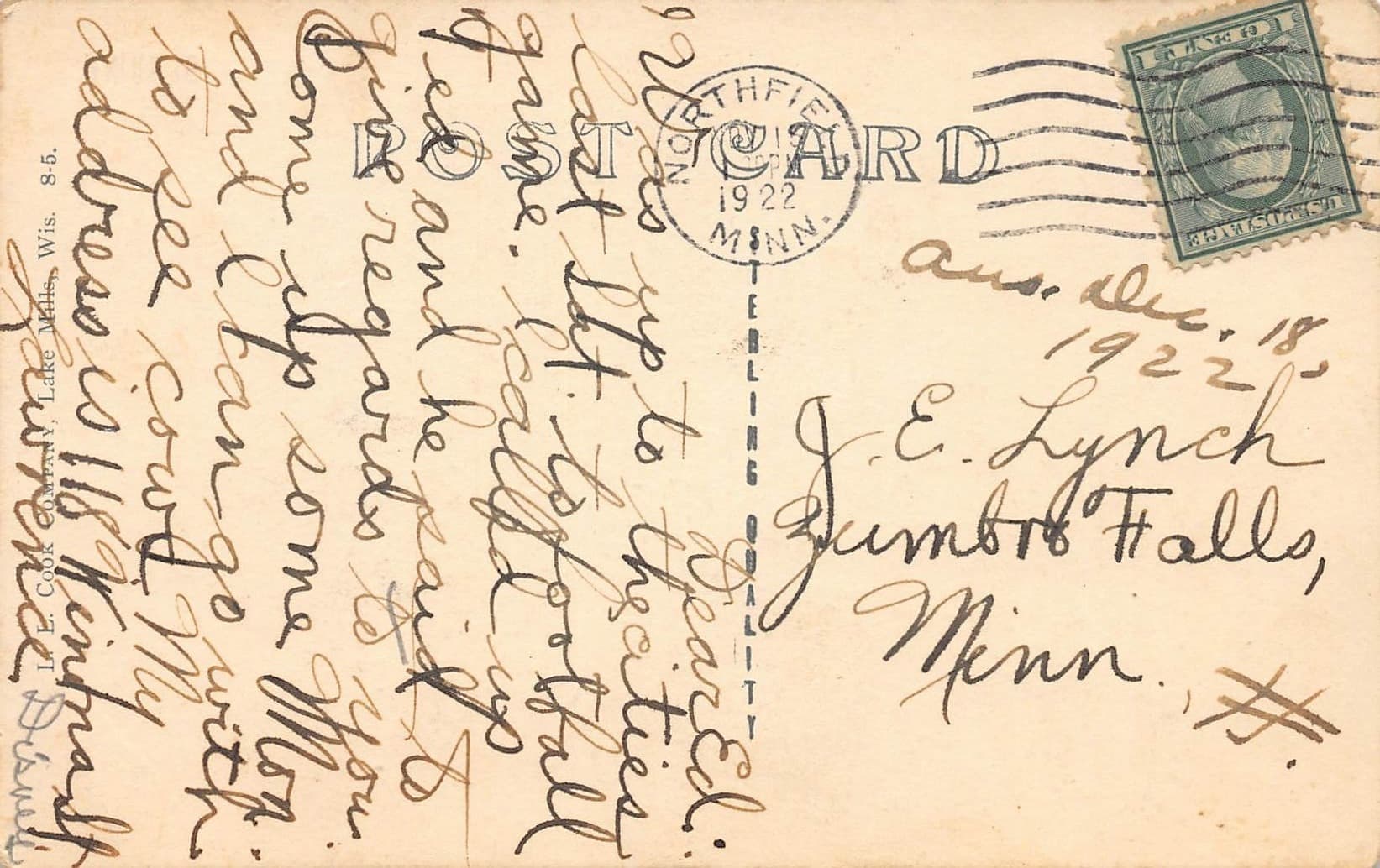 J.E. Cook Co., RPPC, Indians Digging Pipestone, Minn., 1922 - Back