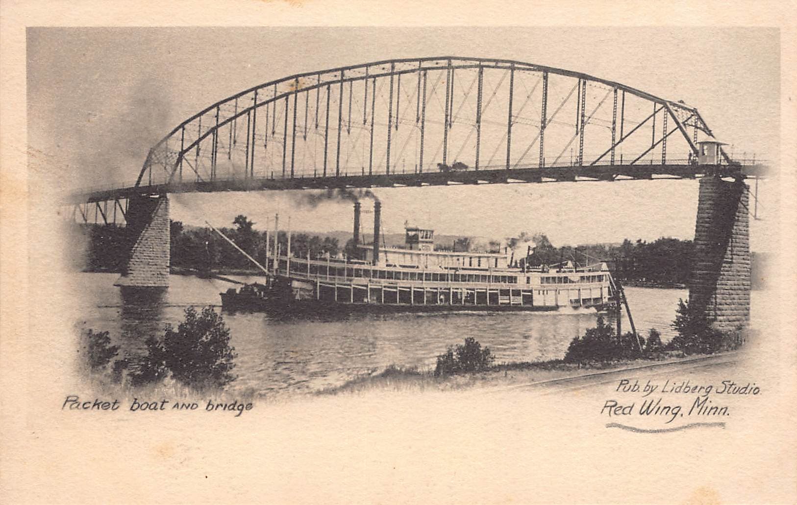 Lidberg Studio, Divided Back, Packet Boat & Bridge, Red Wing, 1912