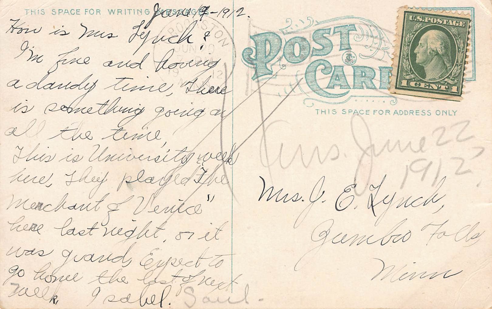 Broad Street, Mankato, Minn, Divided Back Postcard, 1912 - Back
