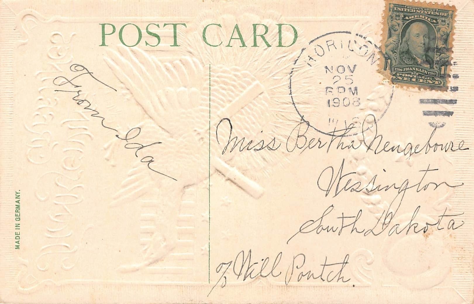 Embossed Fruit Bowl Postcard, Made in Germany, 1908 Postmark - Back