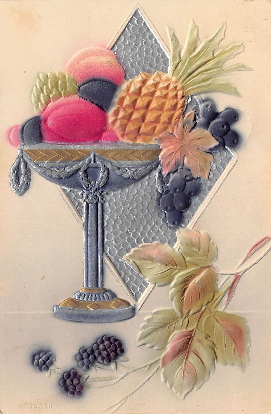 Embossed Fruit Bowl Postcard, Made in Germany, 1908 Postmark
