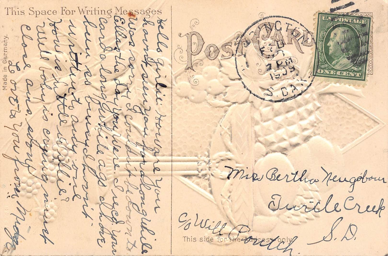 German Publisher, Embossed Divided Back, Roses, 1909 Postmark - Back