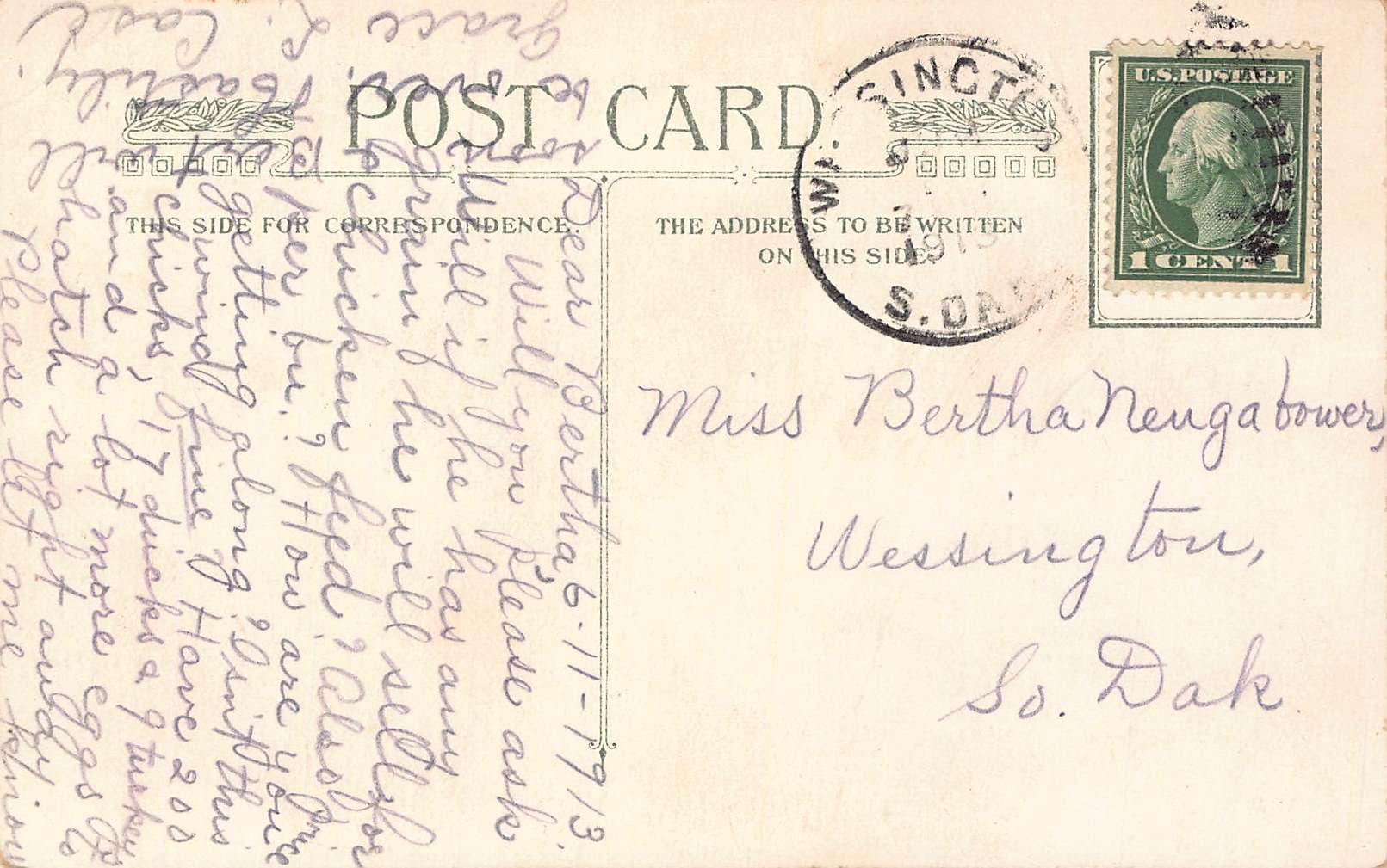 Thanksgiving Postcard, Divided Back, Mr. Turkey, 1913 Postmark - Back