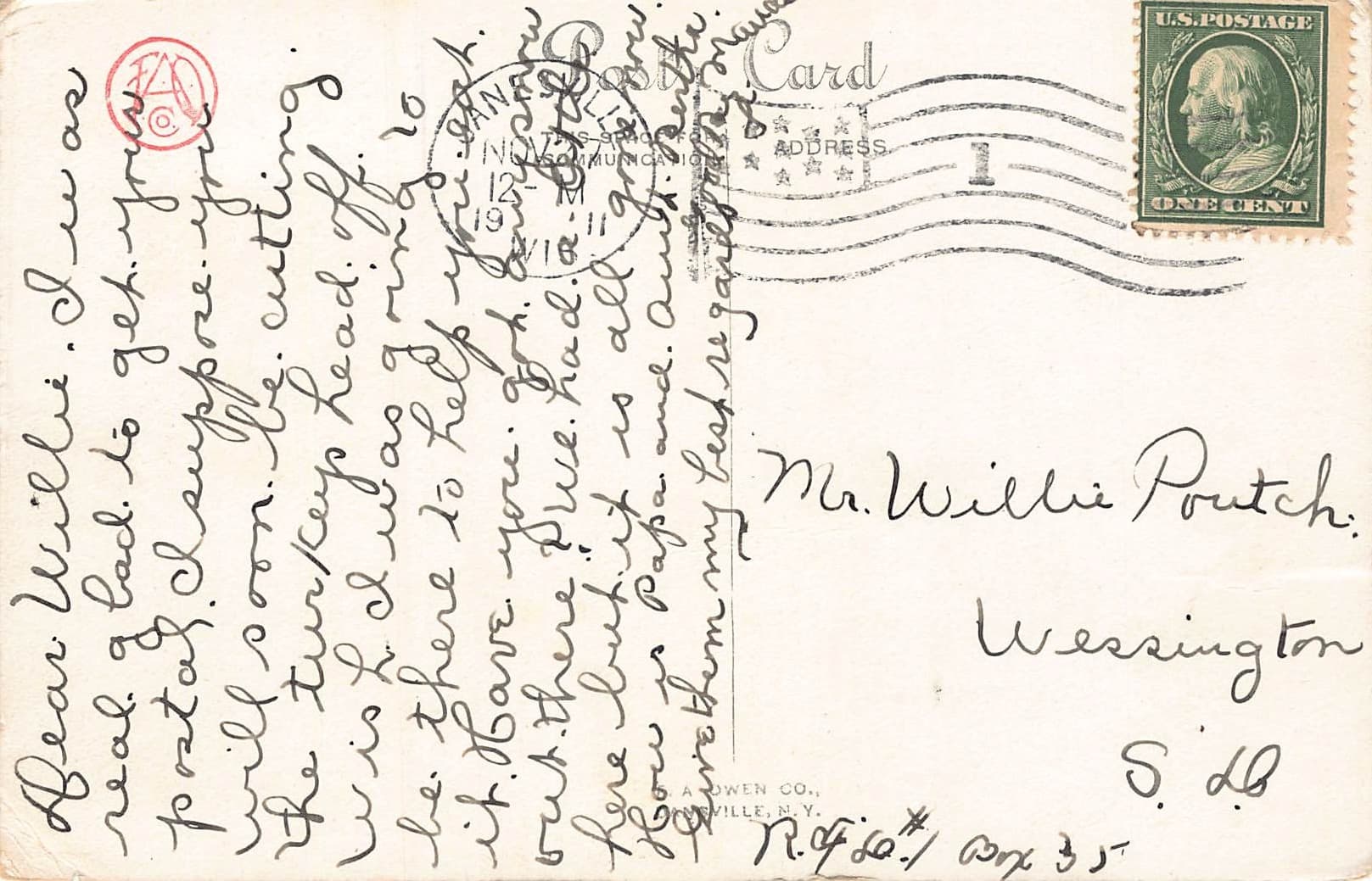 B.A. Owen Co., Divided Back Postcard, Romantic Scene, 1911 - Back