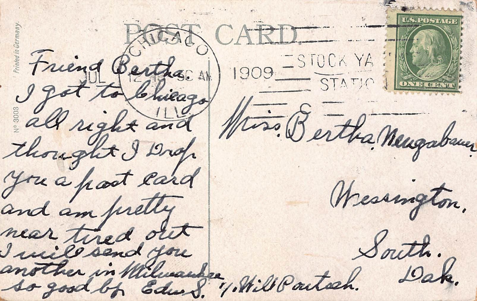 Humorous Postcard, Printed in Germany, 1909, Chicago Postmark - Back