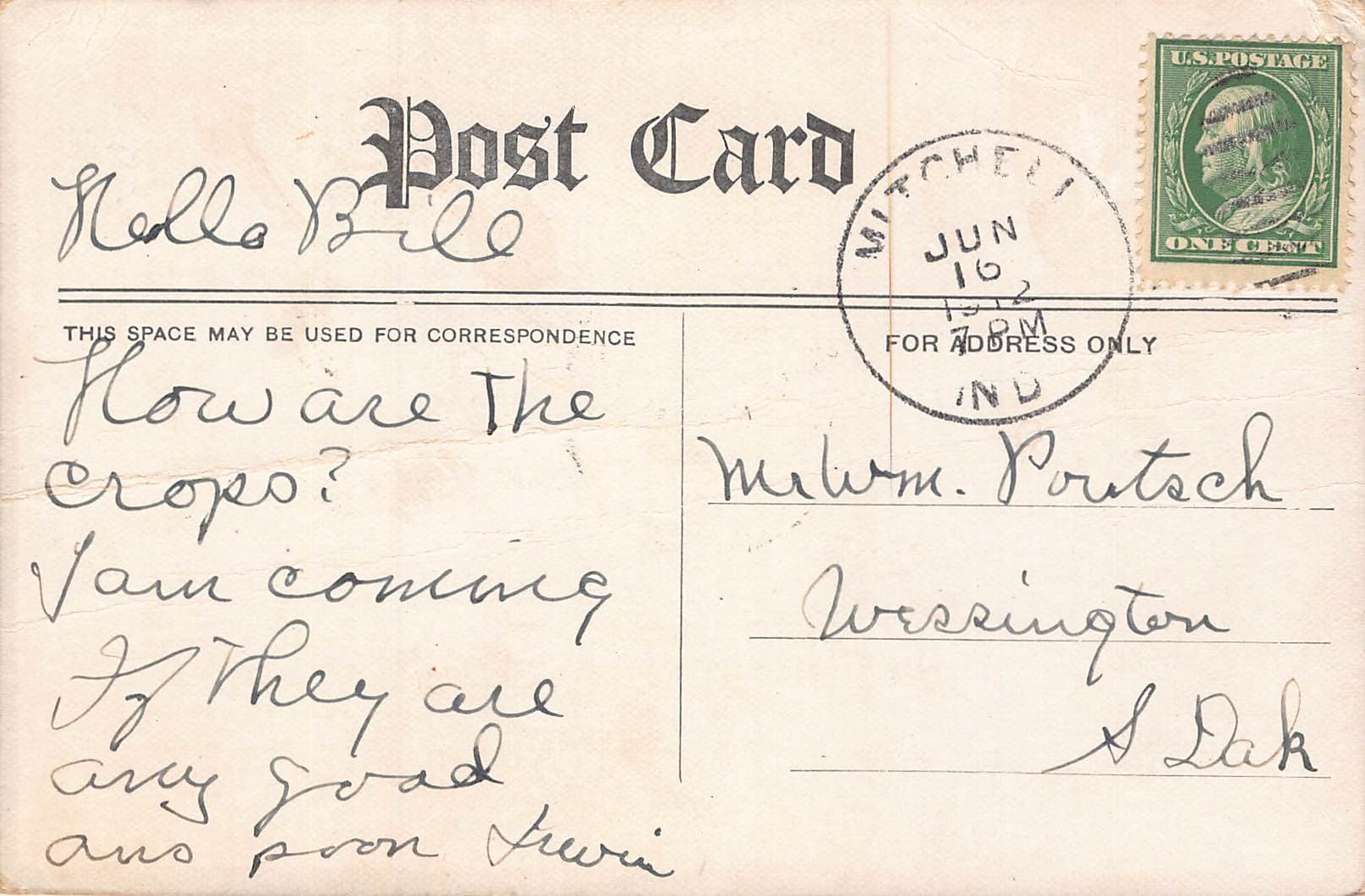 L.G. Lewis Dippy Dope Postcard, Comic, Mitchell IN, 1909 Postmark - Back