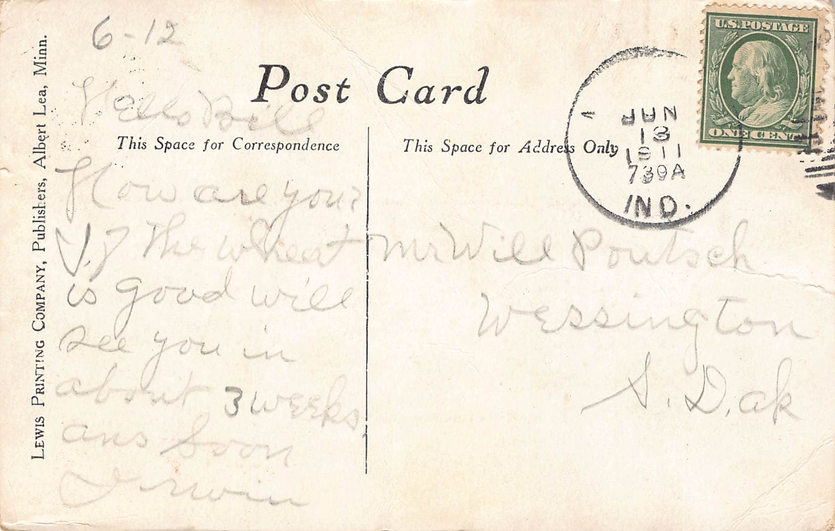 Lewis Printing Co. Divided Back New Year Postcard, 1911 - Back