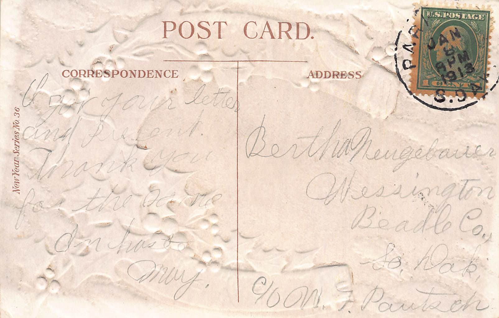 New Year Series No. 36, Divided Back, Floral Bouquet, 1913 Postmark - Back