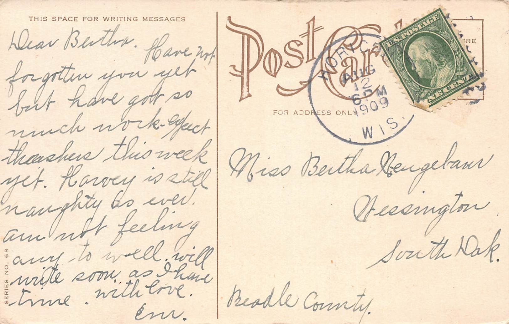 Valentine Postcard, Divided Back, Cupid and Heart, 1909 Postmark - Back