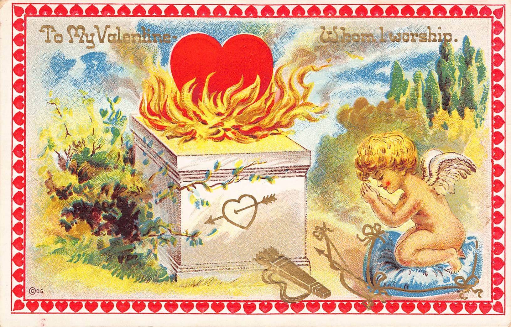 Valentine Postcard, Divided Back, Cupid and Heart, 1909 Postmark