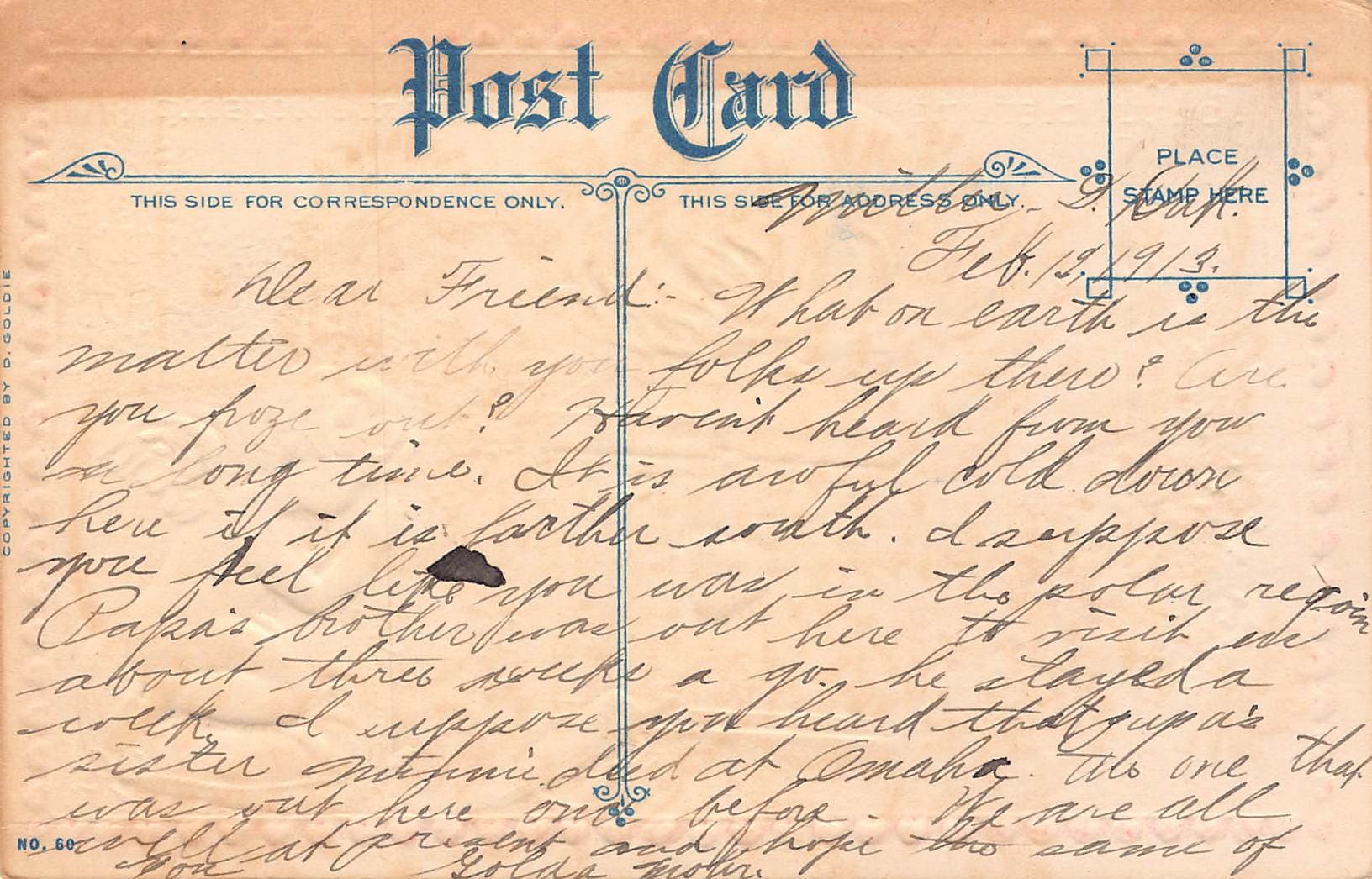 D. Goldie, Divided Back Postcard, Birds and Flowers, 1913 - Back