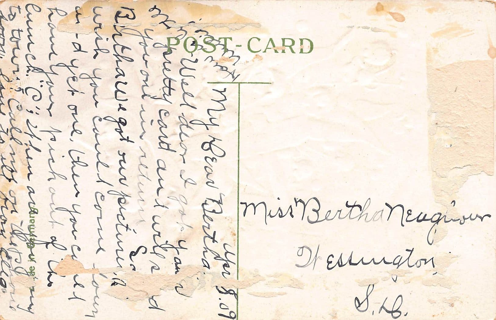 Christmas Postcard, Made in Germany, Divided Back, 1909 - Back