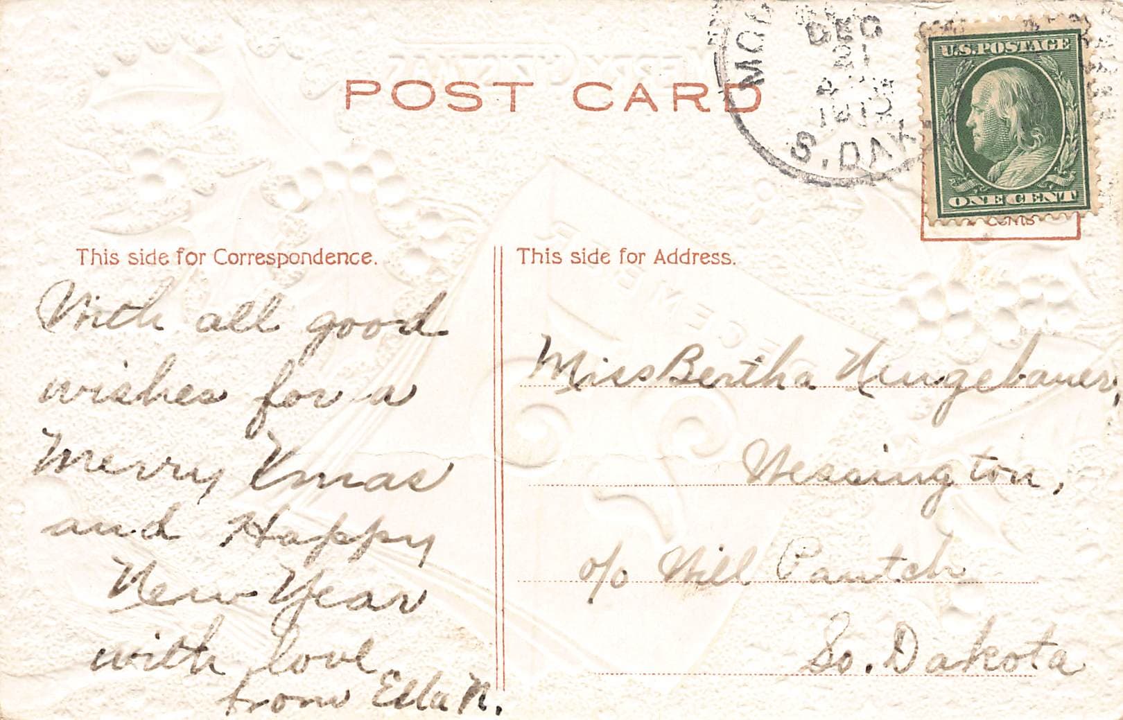 Easter Greeting Postcard, Divided Back, 1908, South Dakota - Back