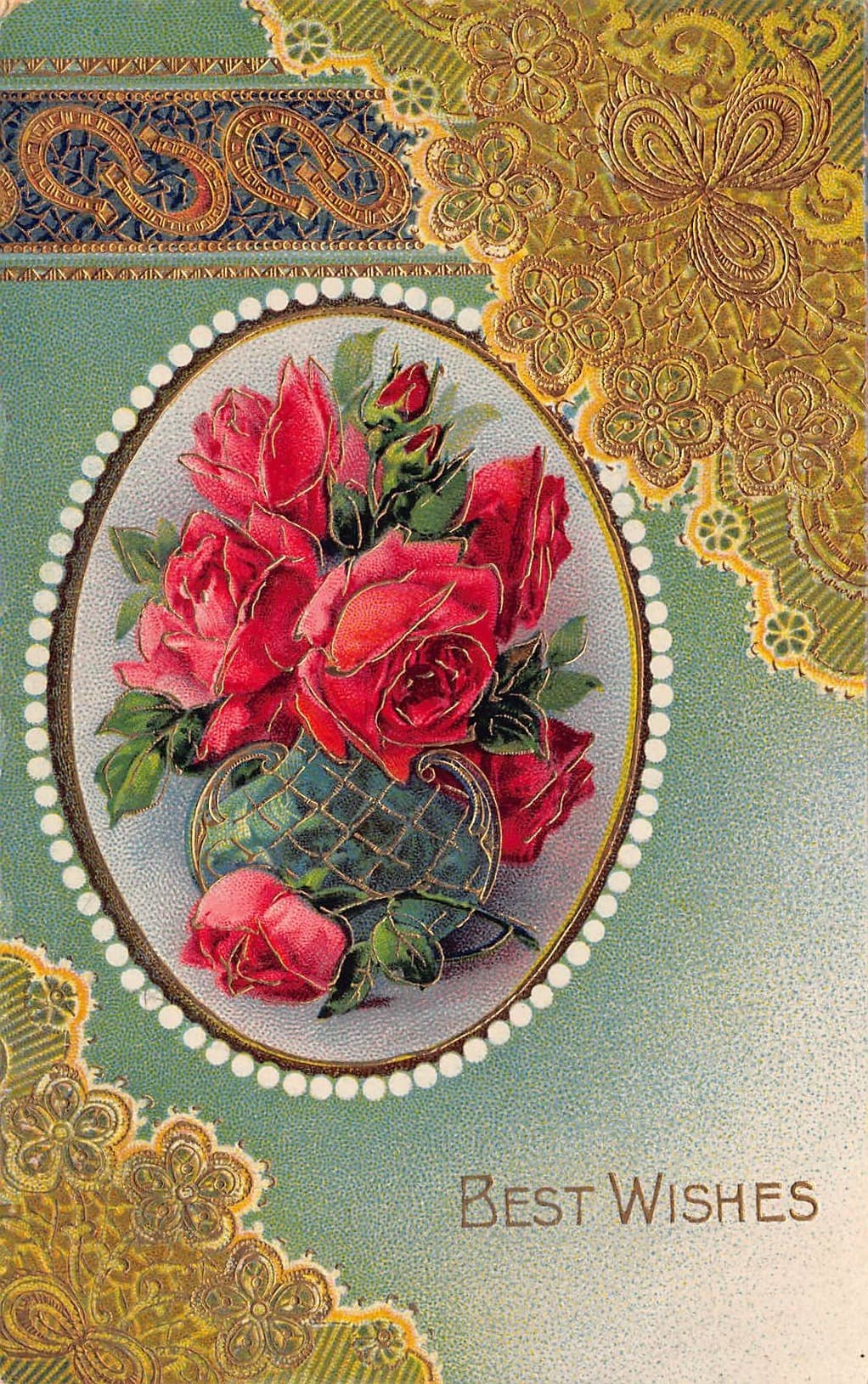 Embossed Best Wishes Postcard, Roses, Janesville WI, 1912