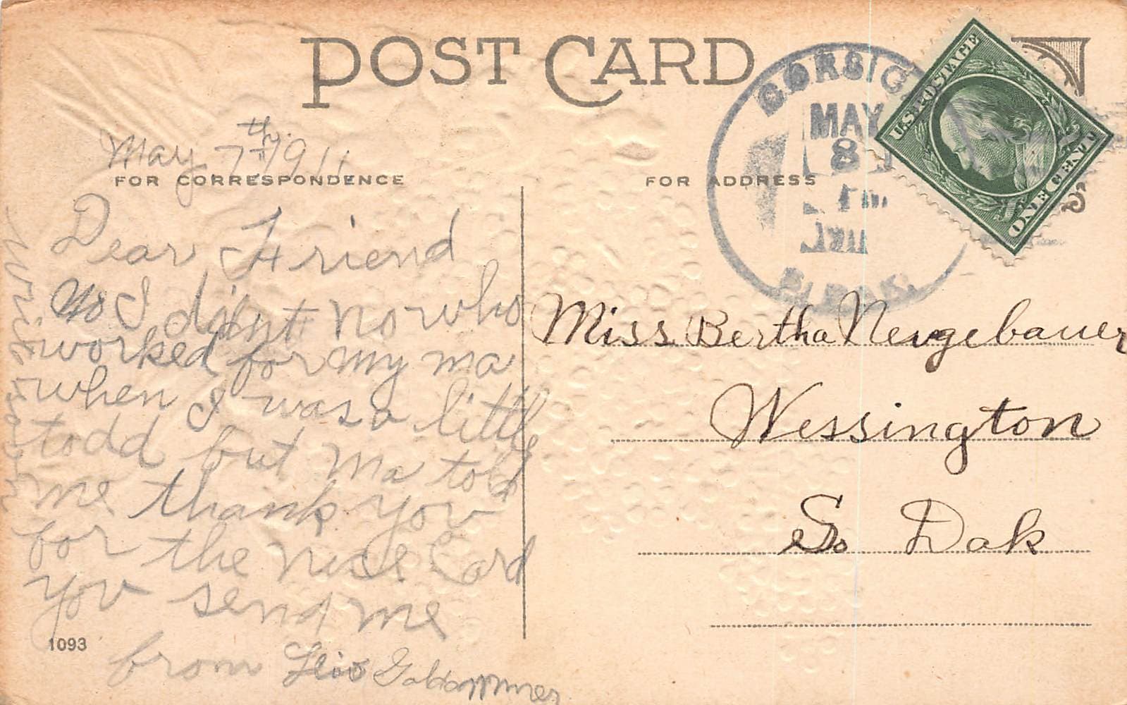 Embossed Christmas Postcard, Girl with Holly, 1911 Postmark, Corsica SD - Back