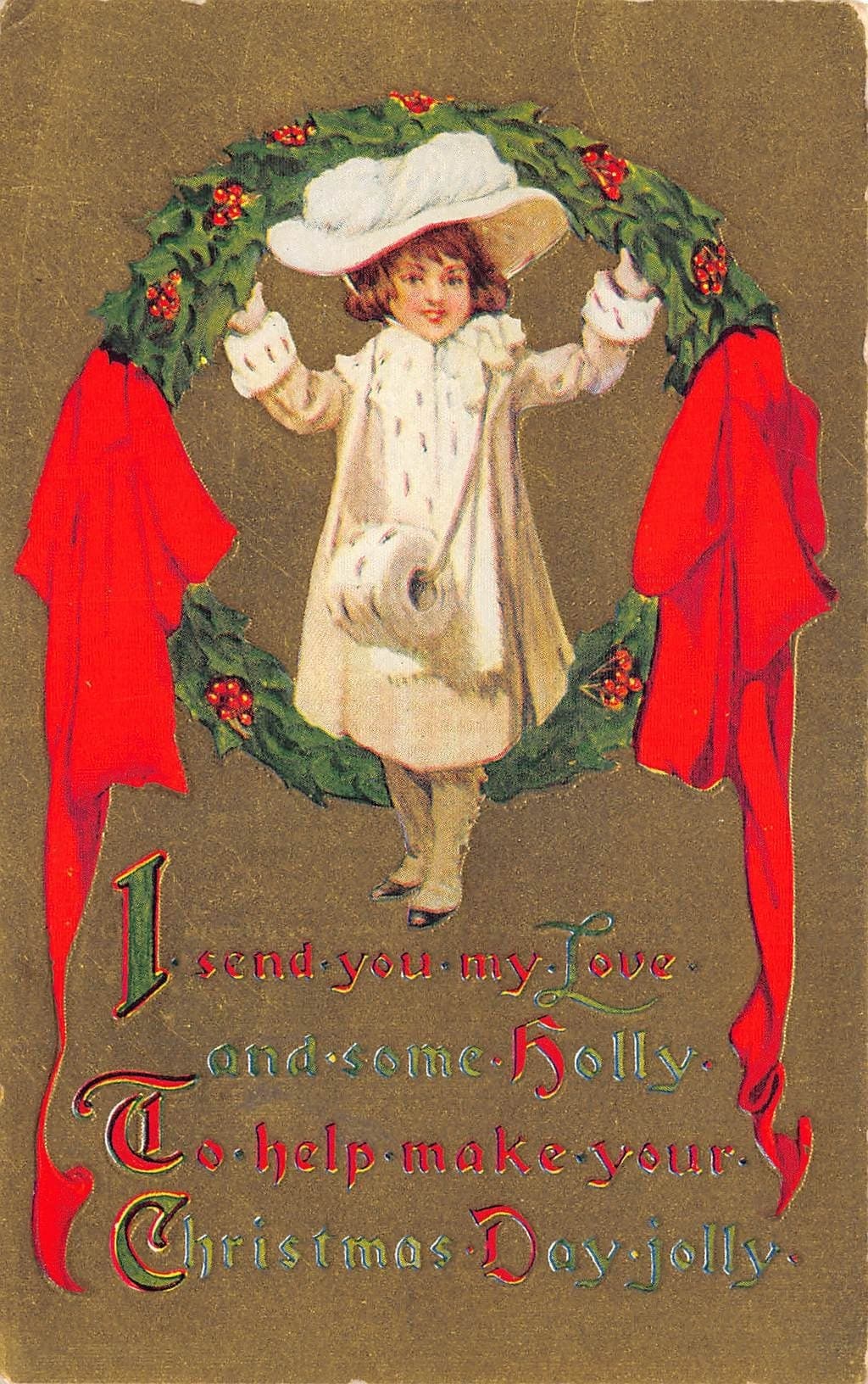 Embossed Christmas Postcard, Girl with Holly, 1911 Postmark, Corsica SD