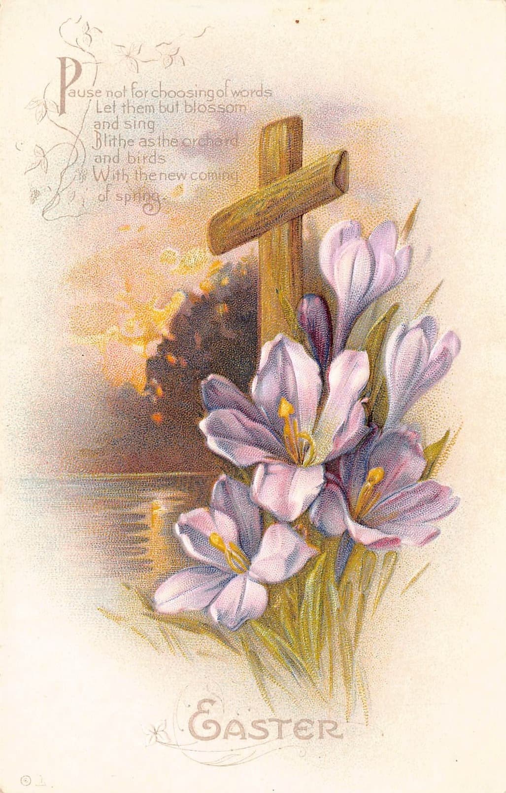 Easter Cross and Flowers, Embossed Postcard, Early 1900s