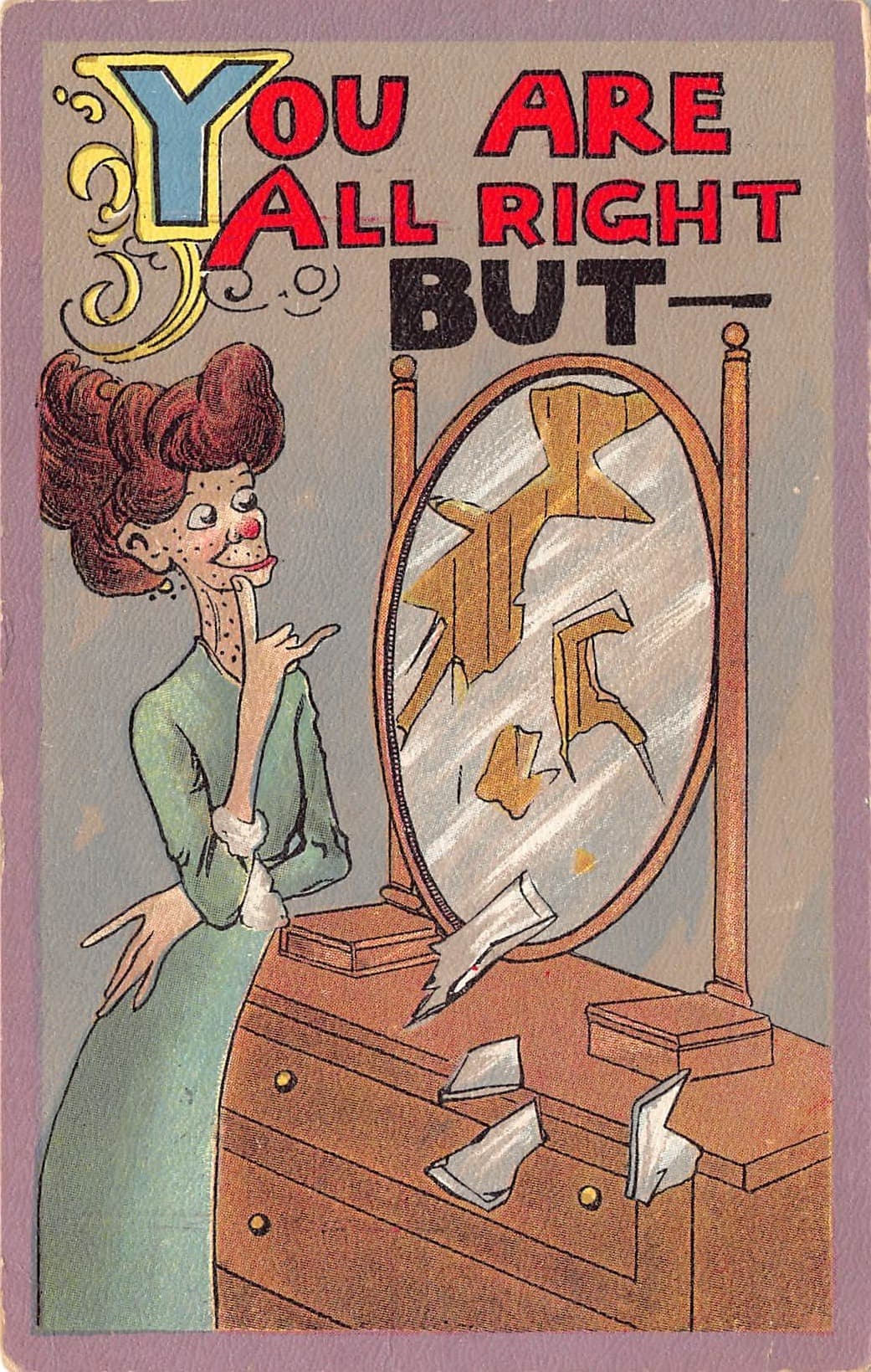 Nash, Divided Back Comic Postcard, Humorous Mirror Scene, c. 1910s