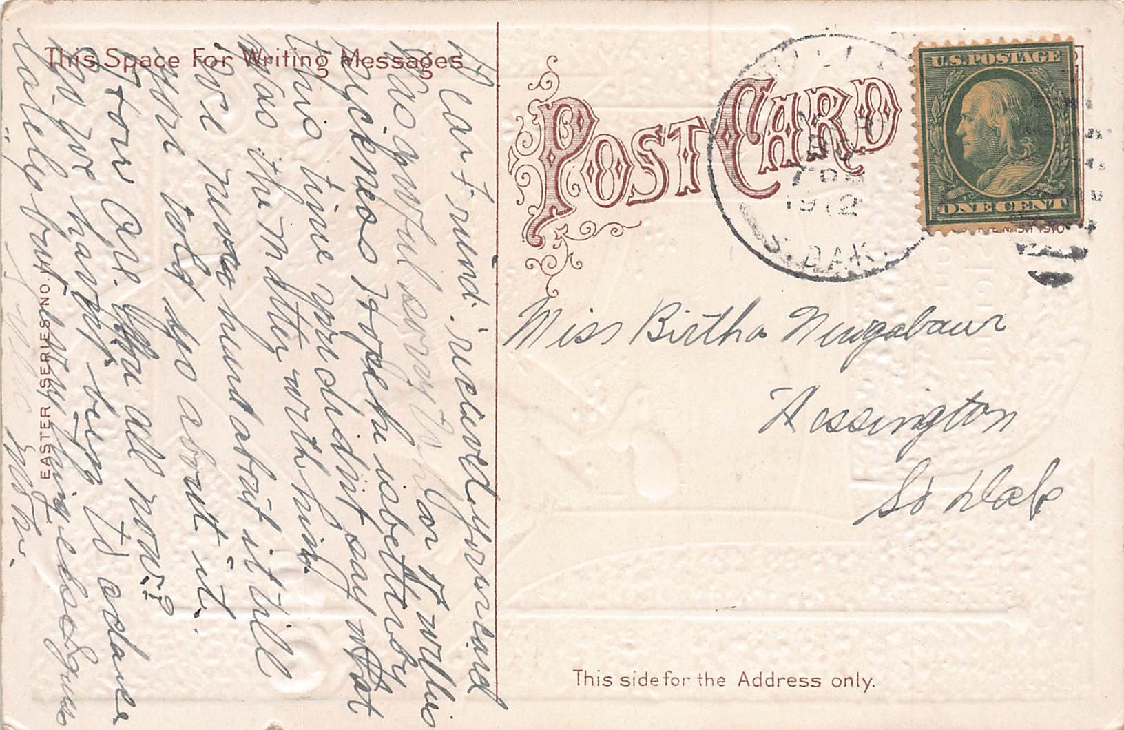 Easter Series, Divided Back Postcard, Roses, 1912 Postmark - Back