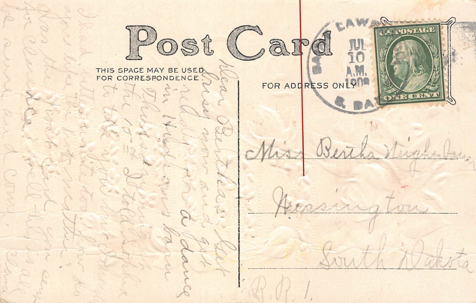 Publisher Unknown, Divided Back Postcard, Floral Handshake, 1909 Postmark - Back