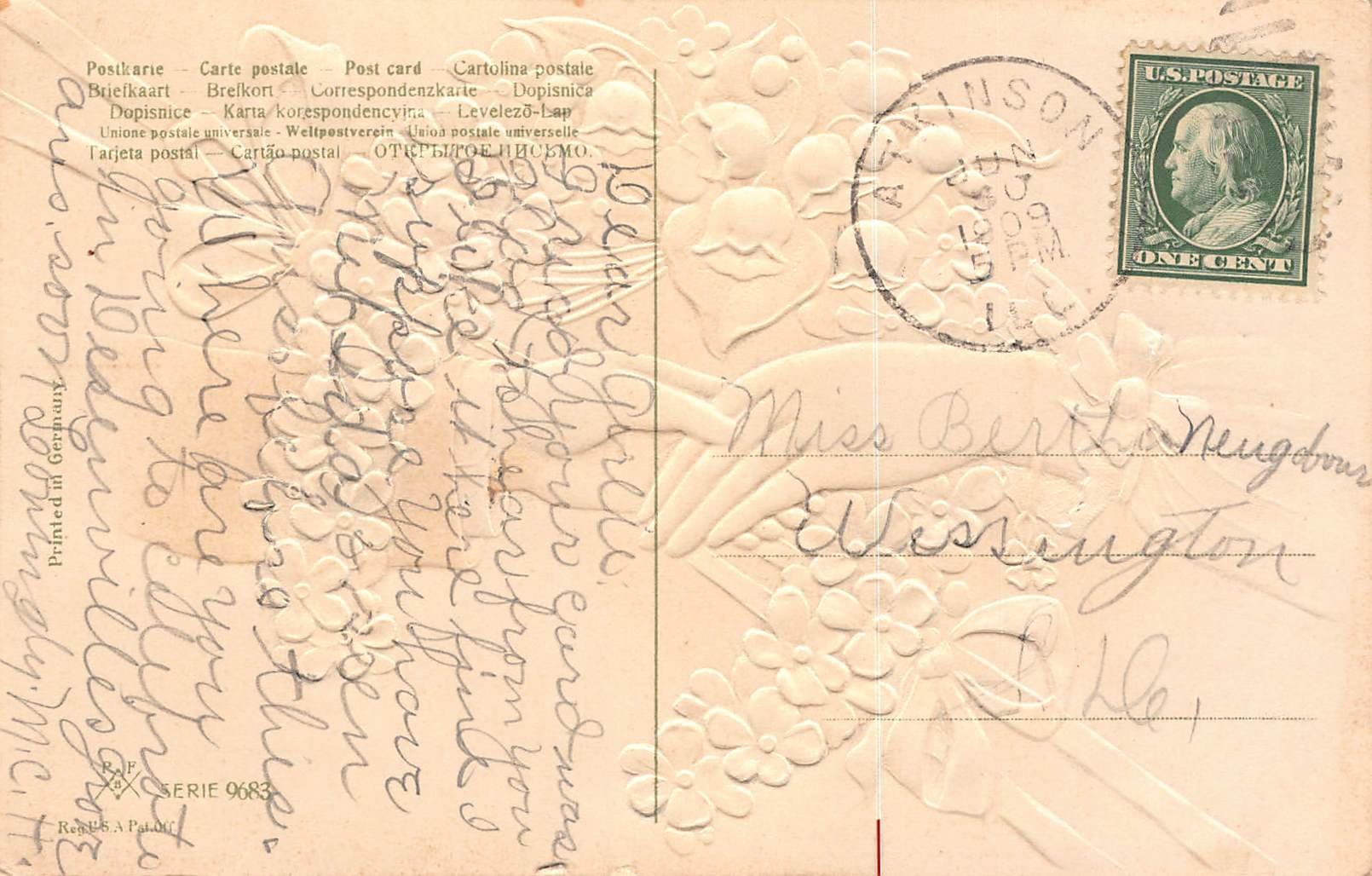 Raphael Tuck & Sons, Divided Back, Easter Wishes, 1909 Postmark - Back