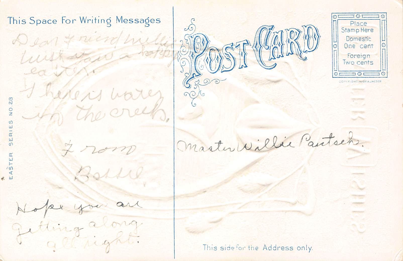 A.J. Ager Easter Series No. 28, Divided Back, Floral 'Bertha', c.1910s - Back